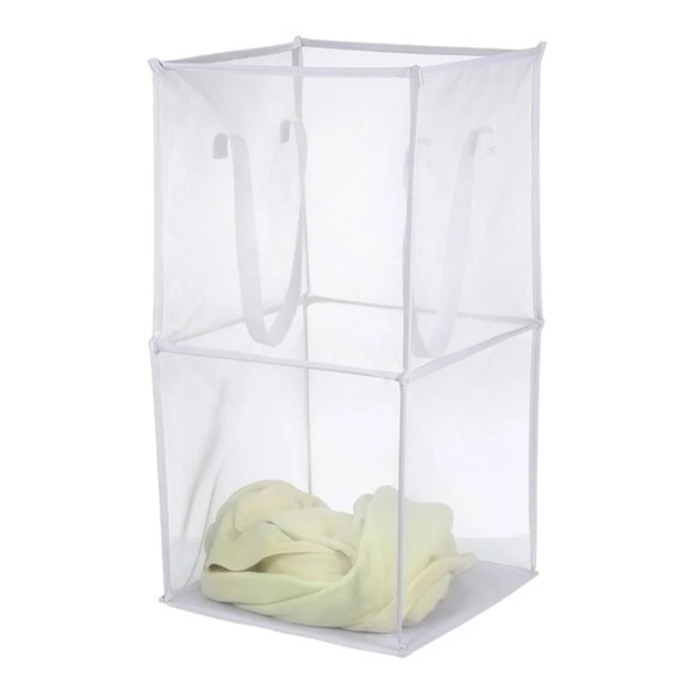 White Collapsible Mesh Laundry Hamper Foldable Polyester Bag with Handles VG